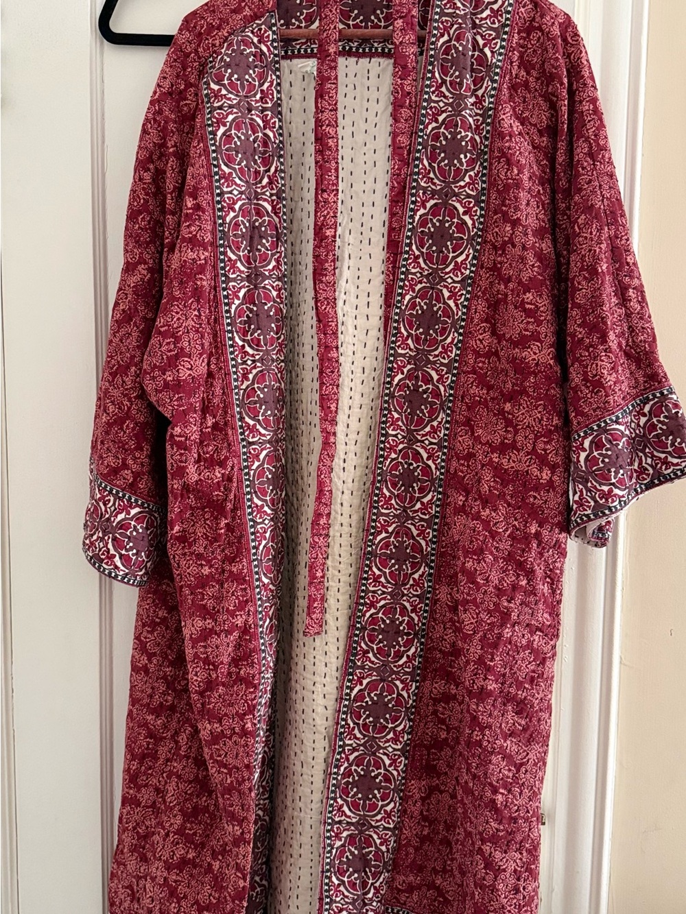 Sundance Red Kantha Patterned Open-Front Kimono Robe